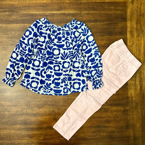 💕 Hanna Andersson Blue Blouse and Pink Cargo Pants Set Size 6/7 - Picture 1 of 9